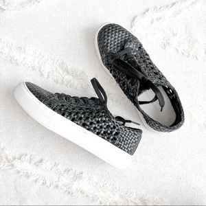 Marc Fisher Surly black faux leather woven sneakers